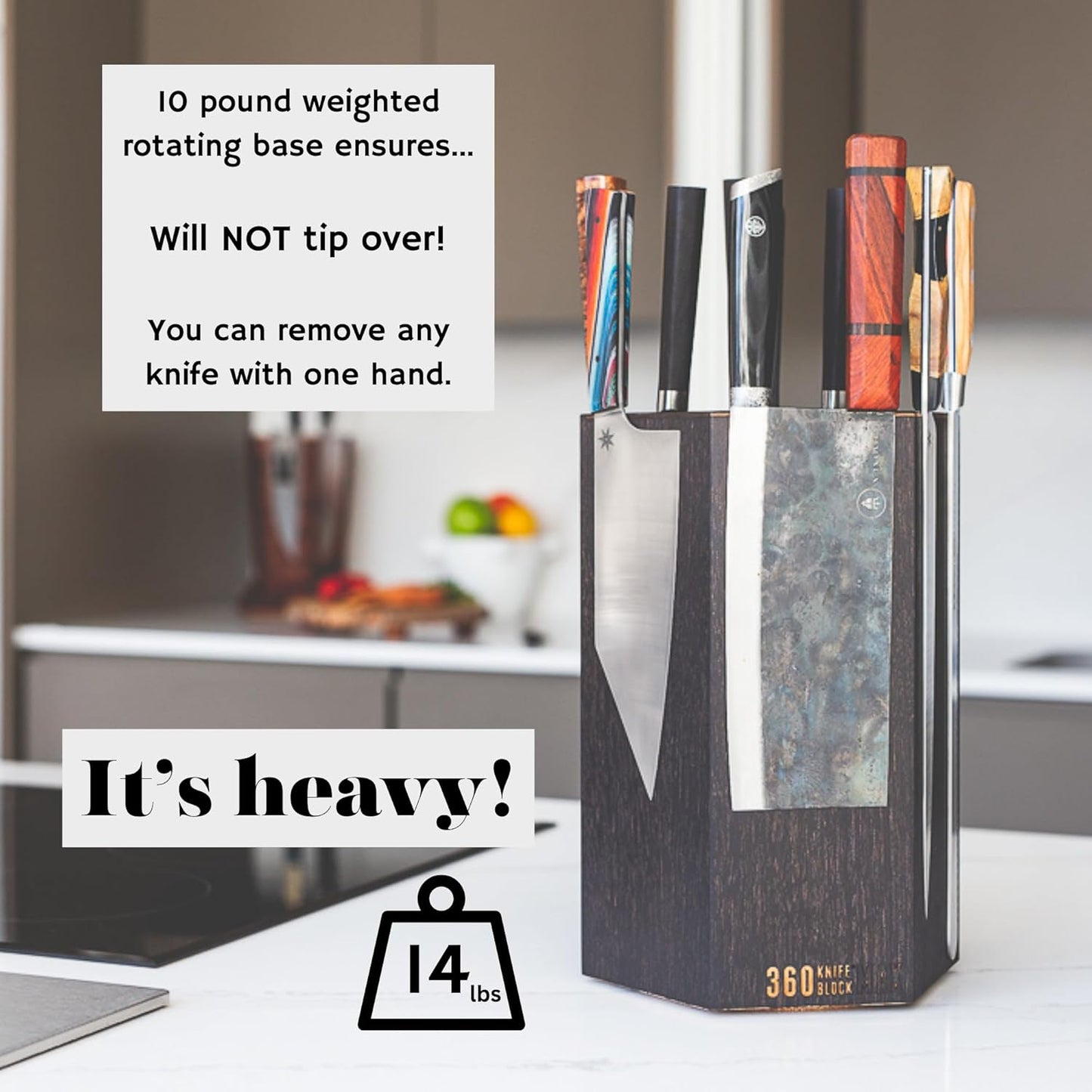 360KnifeBlock® MAX (walnut) ROTATING Magnetic Knife Block | 12" tall with an array of top slots SeriousEats/Food&Wine/ATK BEST Universal Knife Block - handmade in Washington