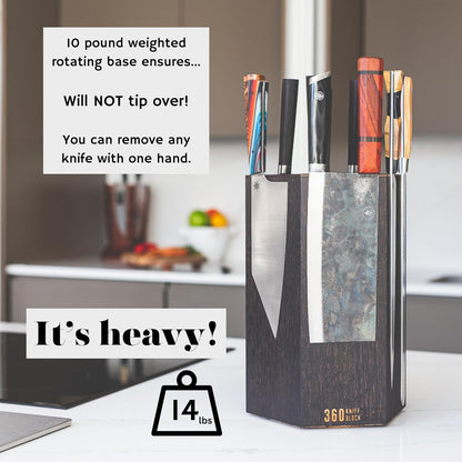 360KnifeBlock® MAX (walnut) ROTATING Magnetic Knife Block | 12" tall with an array of top slots SeriousEats/Food&Wine/ATK BEST Universal Knife Block - handmade in Washington