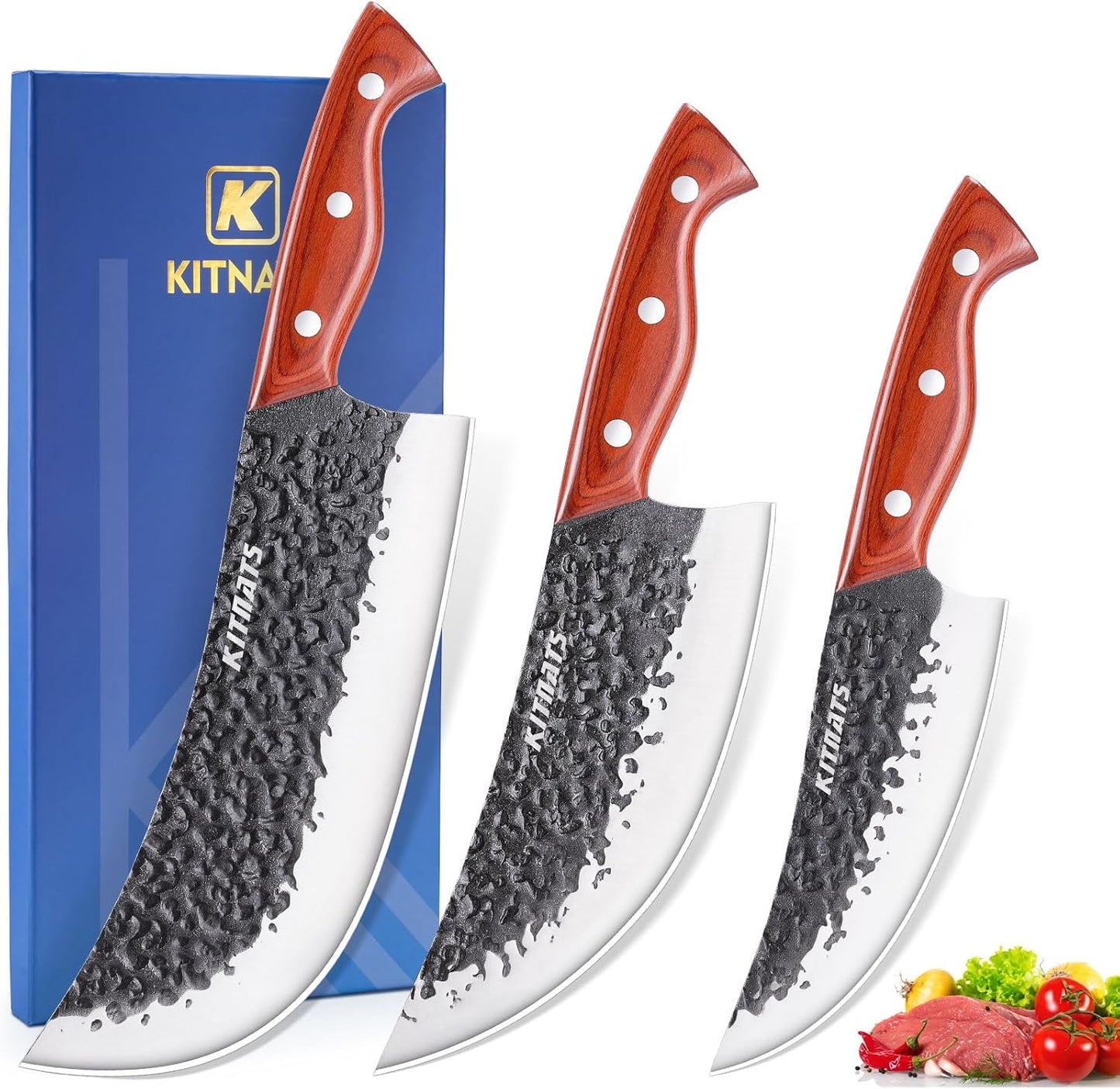 Professional Butcher Knife Set, Hand Forged Heavy Duty Meat Cleaver Serbian Chef Knife Viking Boning Knife 3PCS Kitchen Set for Meat Cutting Home Kitchen Outdoor Camping BBQ Cooking Gift for Men