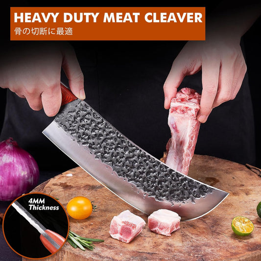 Professional Butcher Knife Set, Hand Forged Heavy Duty Meat Cleaver Serbian Chef Knife Viking Boning Knife 3PCS Kitchen Set for Meat Cutting Home Kitchen Outdoor Camping BBQ Cooking Gift for Men