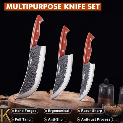 Professional Butcher Knife Set, Hand Forged Heavy Duty Meat Cleaver Serbian Chef Knife Viking Boning Knife 3PCS Kitchen Set for Meat Cutting Home Kitchen Outdoor Camping BBQ Cooking Gift for Men