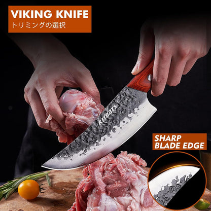 Professional Butcher Knife Set, Hand Forged Heavy Duty Meat Cleaver Serbian Chef Knife Viking Boning Knife 3PCS Kitchen Set for Meat Cutting Home Kitchen Outdoor Camping BBQ Cooking Gift for Men