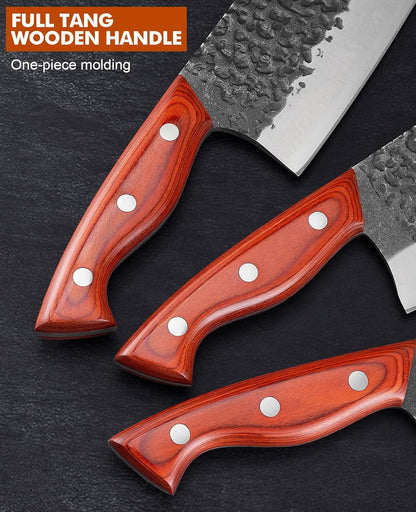 Professional Butcher Knife Set, Hand Forged Heavy Duty Meat Cleaver Serbian Chef Knife Viking Boning Knife 3PCS Kitchen Set for Meat Cutting Home Kitchen Outdoor Camping BBQ Cooking Gift for Men