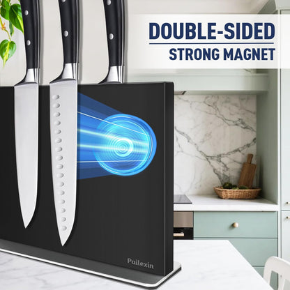 Magnetic Knife Block Without Knives—Black Stainless Steel Double-Sided Magnetic Knife Holder Stand with Strong Magnets, Knife Storage Organizer for Kitchen Counter top