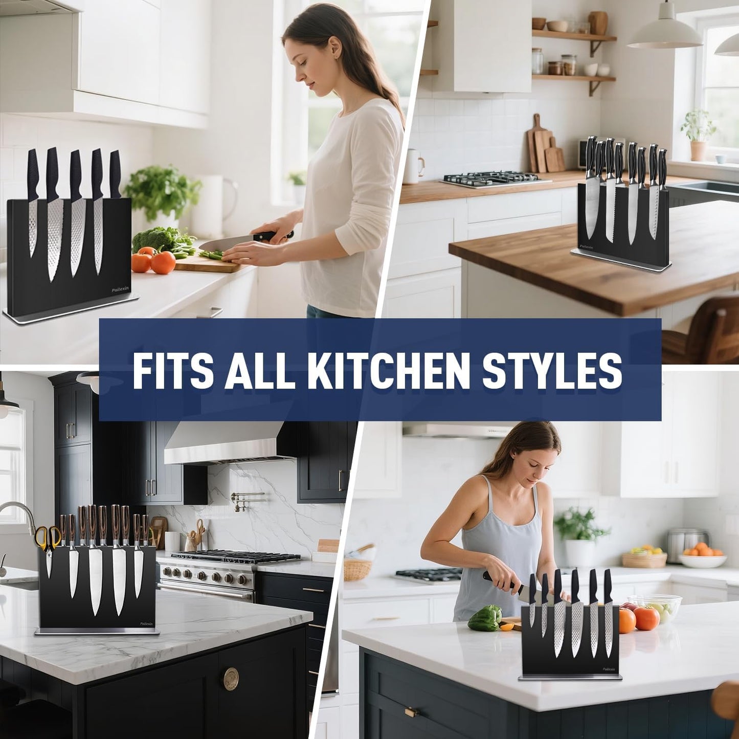 Magnetic Knife Block Without Knives—Black Stainless Steel Double-Sided Magnetic Knife Holder Stand with Strong Magnets, Knife Storage Organizer for Kitchen Counter top
