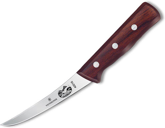 Wood 5" Boning Knife, Curved, Semi-stiff Blade, Brown | Expertly debone and carve with this high-carbon stainless steel butcher knife featuring a comfortable ergonomic wood grip
