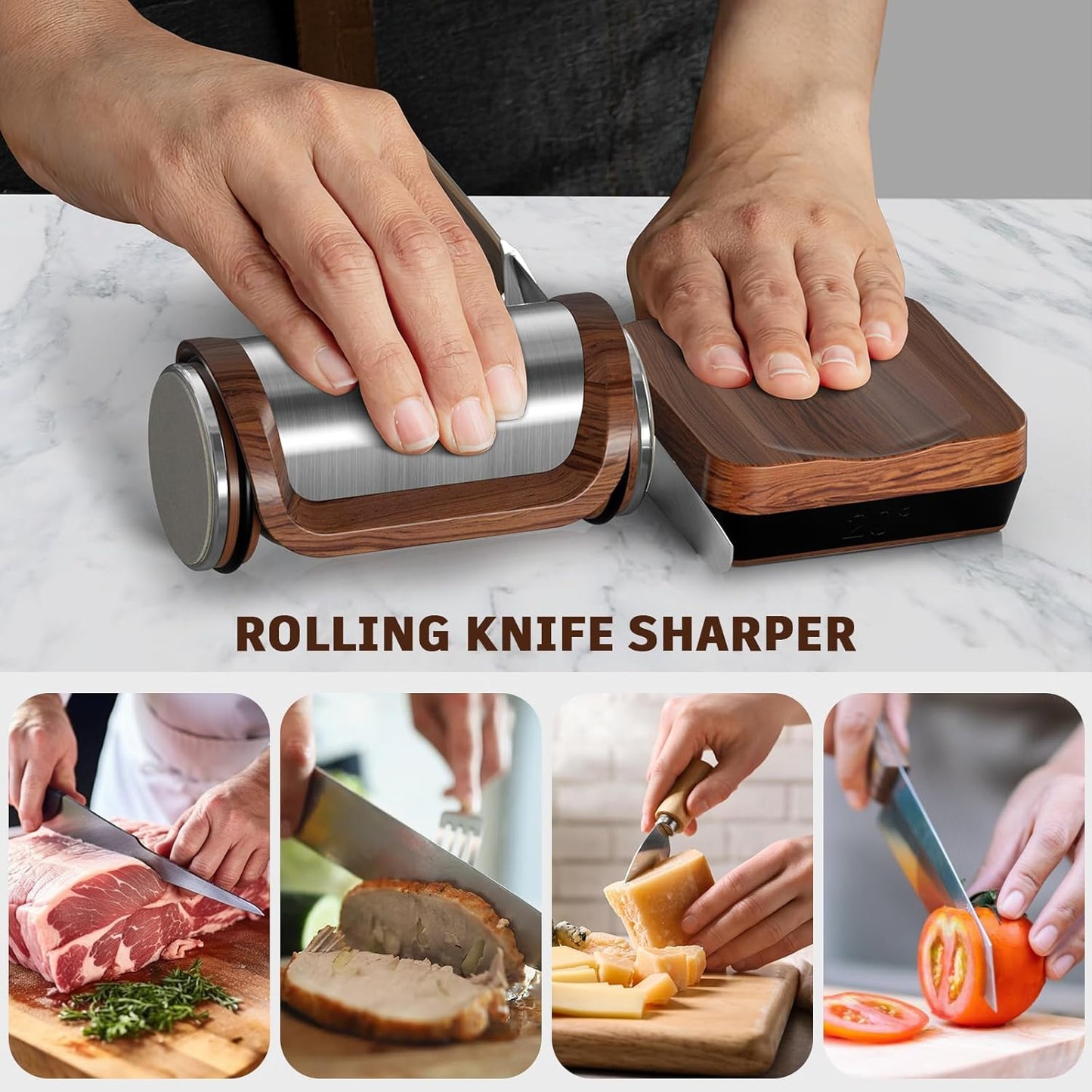 Knife Sharpener Rod, Kitchen Knives Sharpener Carbon Steel Professional Knife Sharpening Steel, Honing Rod with Hanging Holes (13 inches) (Wood, Manual)