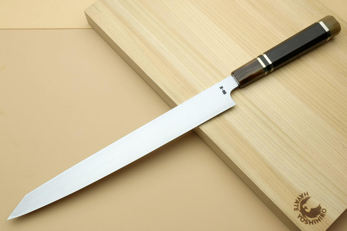 Yoshihiro SG2 (R2) Semi-Stainless Steel Mirror Polished Yanagi Kiritsuke Sashimi Knife, Triple Ring Ebony Handle (10.5'' (270mm))