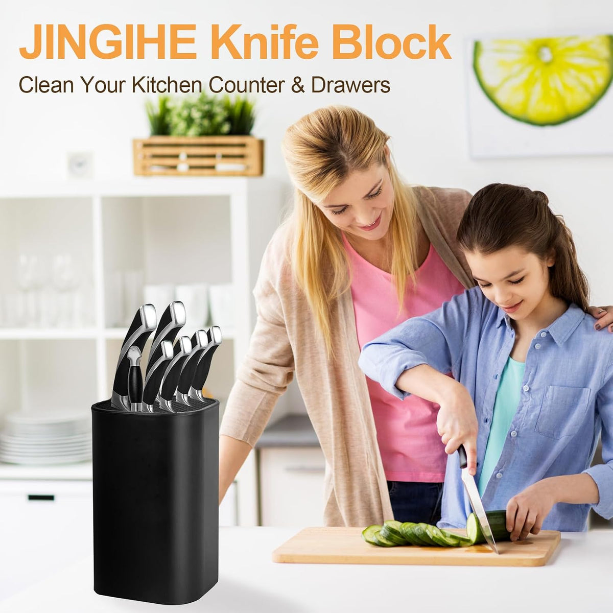 Universal Knife Block without Knives, Kitchen Storage with Scissors Sharpening Rod Slot for Easy Cleaning, Detachable Safe Space Saver Knife Holder Stand for Counter Top (Black）