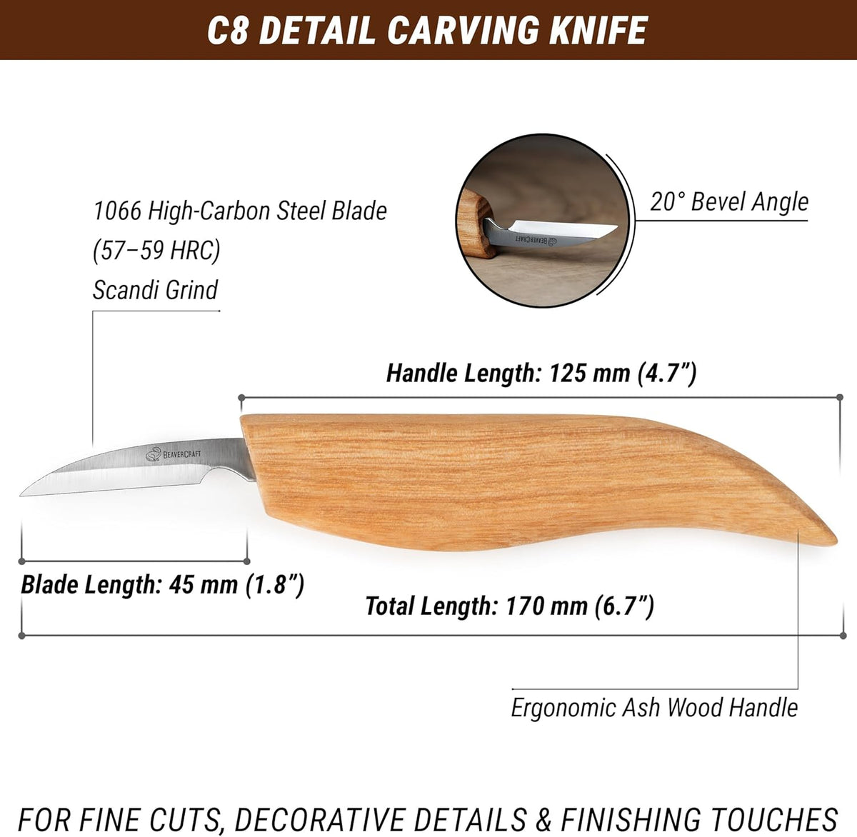 Wood Chip Carving Knife C8 1.8" Sloyd Whittling Knife for Detail - Wood Carving Tools for Beginners and Kids