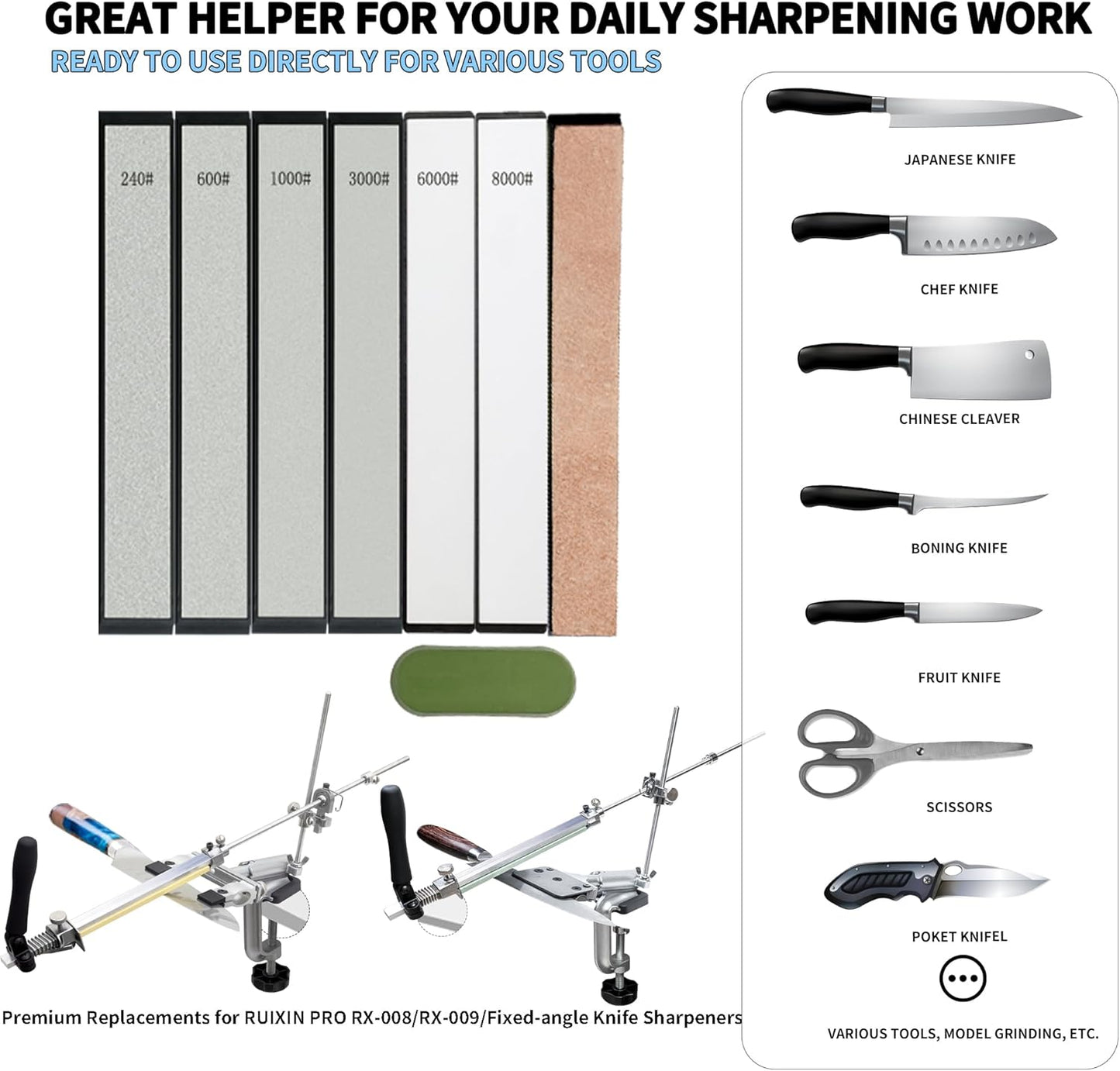 CWOVRS Knife Sharpening Stones Kit, 6 PCS Complete Sharpening Whetstone Set | 4 Diamond Stone (200#-3000#) 2 Water Stone (6000# 8000#), 1 Leather Strop, 1 Polishing Paste for Fixed-Angle Knife Sharpener
