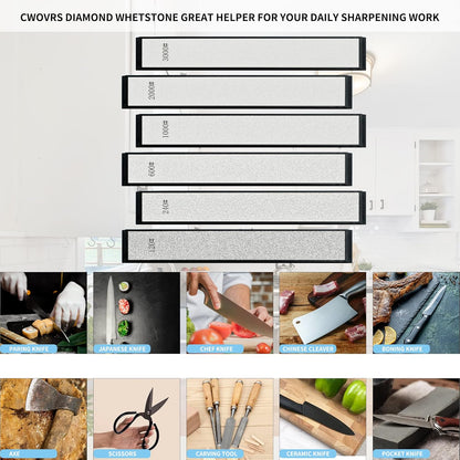 CWOVRS Knife Sharpening Stones Kit, 6 PCS Complete Sharpening Whetstone Set | 4 Diamond Stone (200#-3000#) 2 Water Stone (6000# 8000#), 1 Leather Strop, 1 Polishing Paste for Fixed-Angle Knife Sharpener