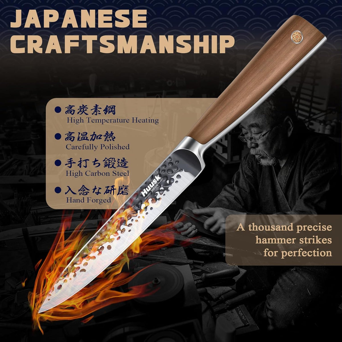 Huusk Utility Knife - Japan High Carbon Steel Hand Forged Paring Knife 5.5" | ATS-34, Ergonomic Grip, Multipurpose for Fruit & Vegetable, Premium Present Box