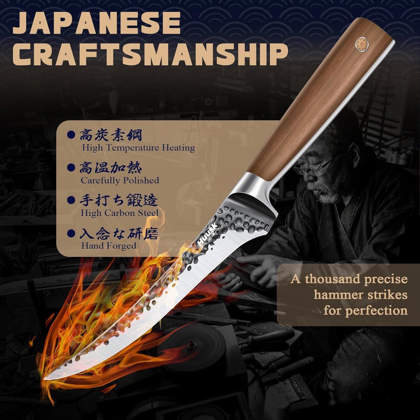 Huusk Utility Knife - Japan High Carbon Steel Hand Forged Paring Knife 5.5" | ATS-34, Ergonomic Grip, Multipurpose for Fruit & Vegetable, Premium Present Box