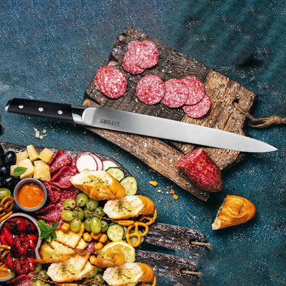 12” Slicing Knife - Japanese Style Meat Carving and BBQ Brisket Knife for Turkey - German High Carbon Steel- Big Size pakkaWood Mirror Finish Handle Design, with Gift Box