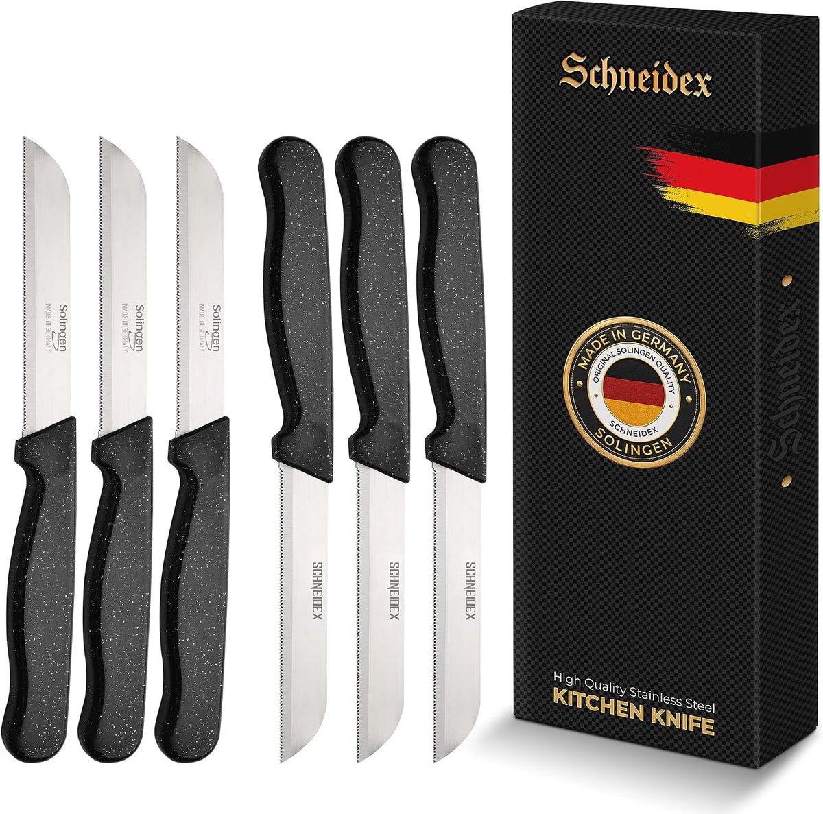 Serrated Paring Knife - Set of 6 Pcs German Solingen Small Knife Set Small Kitchen Paring Fruit Vegetable Tomato Knives Stainless Steel Cutting & Peeling, Black
