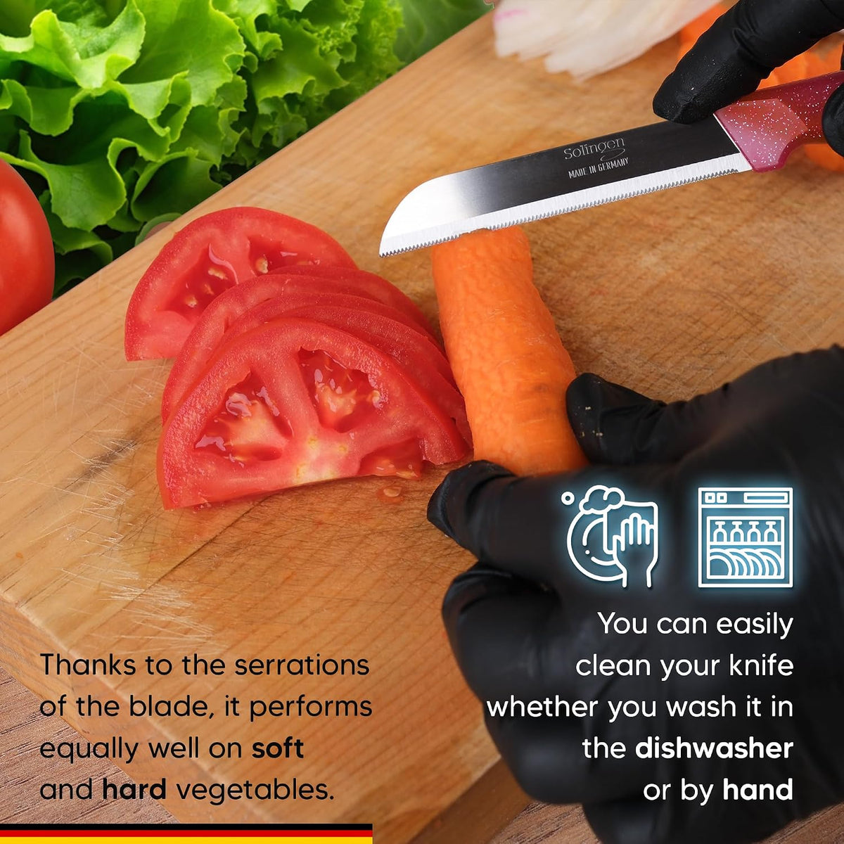 Serrated Paring Knife - Set of 6 Pcs German Solingen Small Knife Set Small Kitchen Paring Fruit Vegetable Tomato Knives Stainless Steel Cutting & Peeling, Black