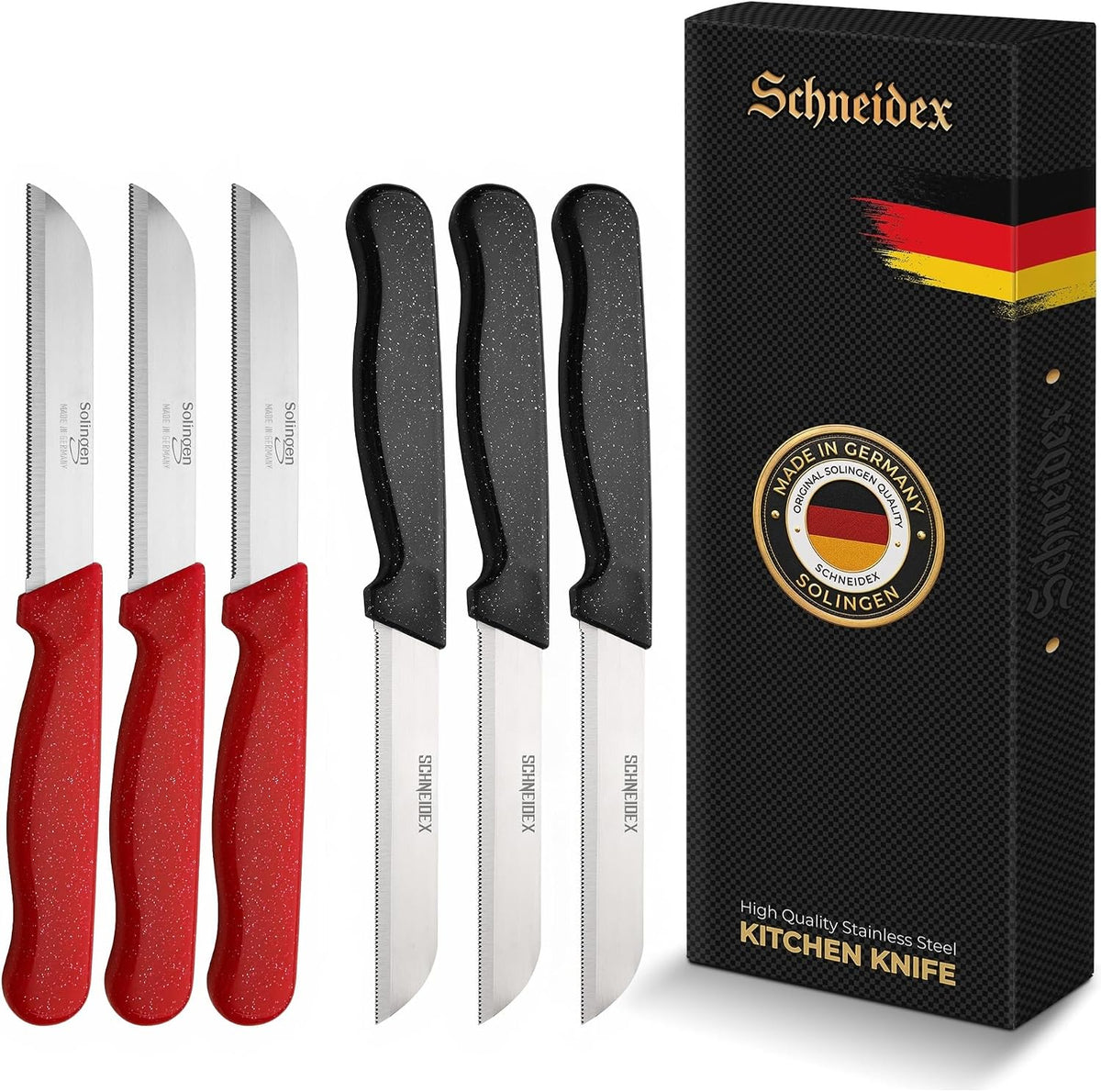 Serrated Paring Knife - Set of 6 Pcs German Solingen Small Knife Set Small Kitchen Paring Fruit Vegetable Tomato Knives Stainless Steel Cutting & Peeling, Black