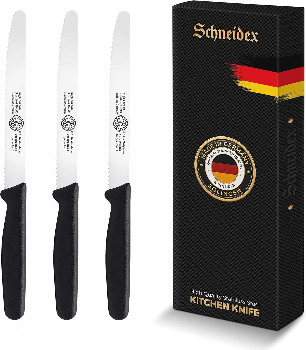 Serrated Paring Knife - Set of 6 Pcs German Solingen Small Knife Set Small Kitchen Paring Fruit Vegetable Tomato Knives Stainless Steel Cutting & Peeling, Black