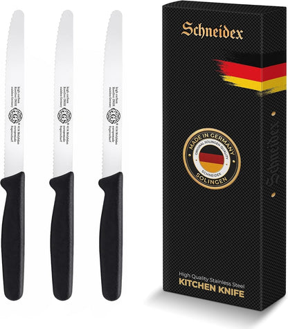 Serrated Paring Knife - Set of 6 Pcs German Solingen Small Knife Set Small Kitchen Paring Fruit Vegetable Tomato Knives Stainless Steel Cutting & Peeling, Black
