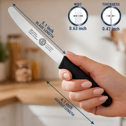 Serrated Paring Knife - Set of 6 Pcs German Solingen Small Knife Set Small Kitchen Paring Fruit Vegetable Tomato Knives Stainless Steel Cutting & Peeling, Black