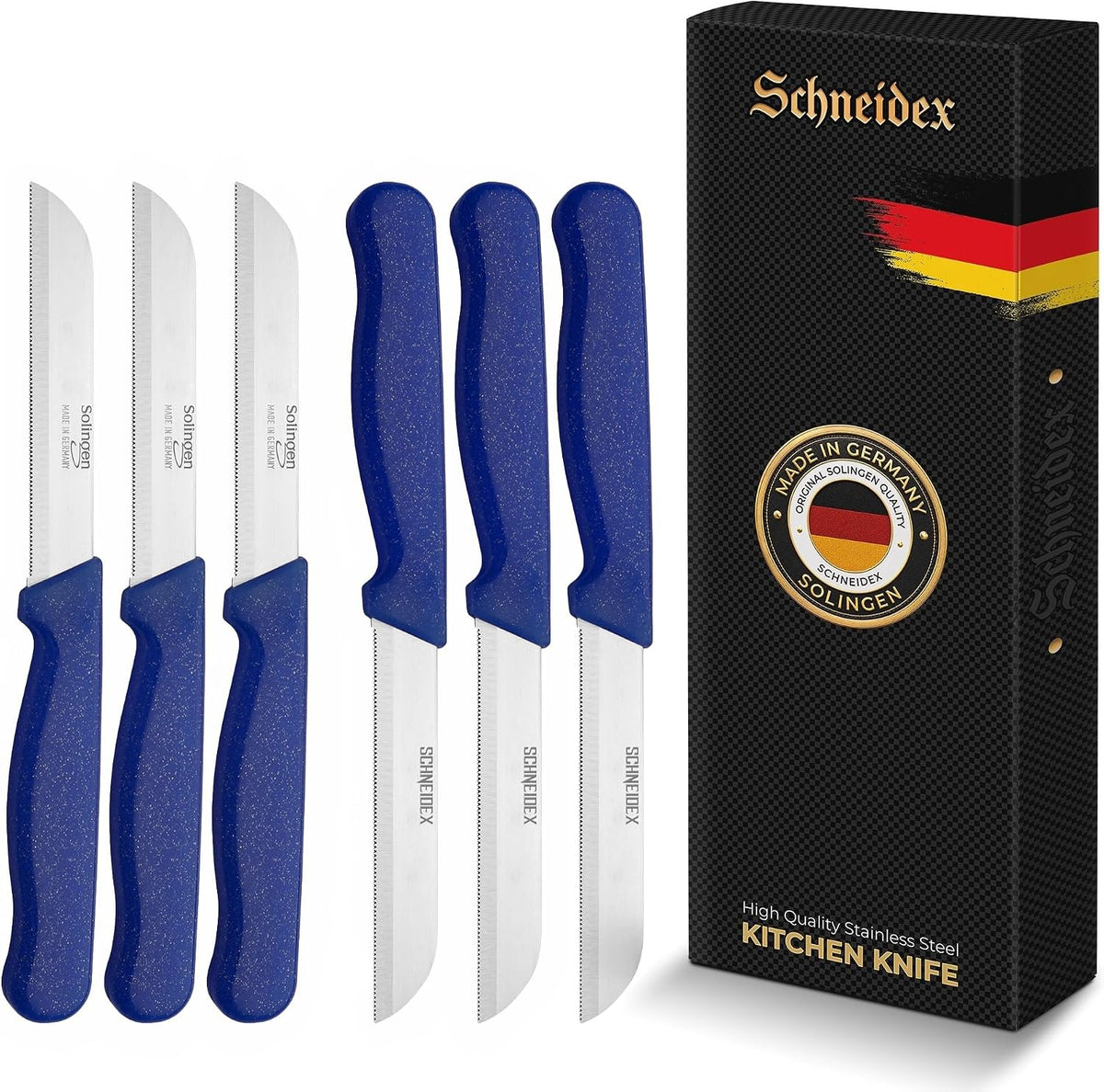 Serrated Paring Knife - Set of 6 Pcs German Solingen Small Knife Set Small Kitchen Paring Fruit Vegetable Tomato Knives Stainless Steel Cutting & Peeling, Black