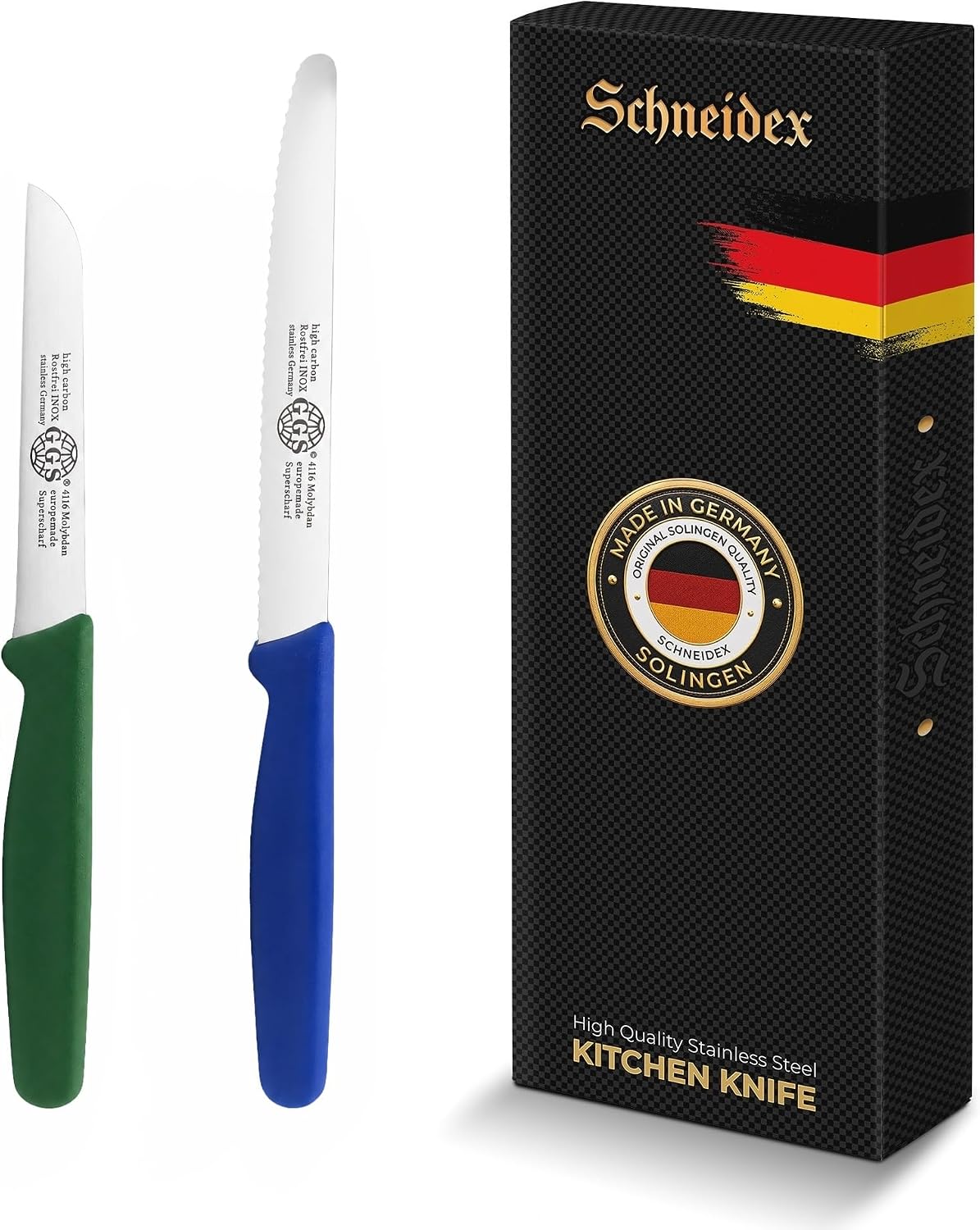 Serrated Paring Knife - Set of 6 Pcs German Solingen Small Knife Set Small Kitchen Paring Fruit Vegetable Tomato Knives Stainless Steel Cutting & Peeling, Black