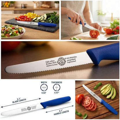 Serrated Paring Knife - Set of 6 Pcs German Solingen Small Knife Set Small Kitchen Paring Fruit Vegetable Tomato Knives Stainless Steel Cutting & Peeling, Black