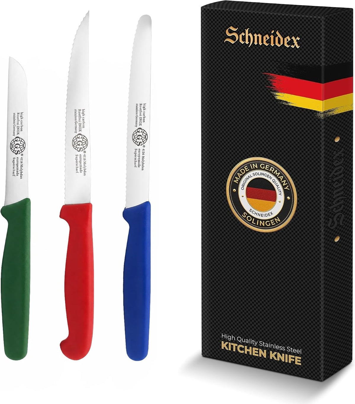 Serrated Paring Knife - Set of 6 Pcs German Solingen Small Knife Set Small Kitchen Paring Fruit Vegetable Tomato Knives Stainless Steel Cutting & Peeling, Black