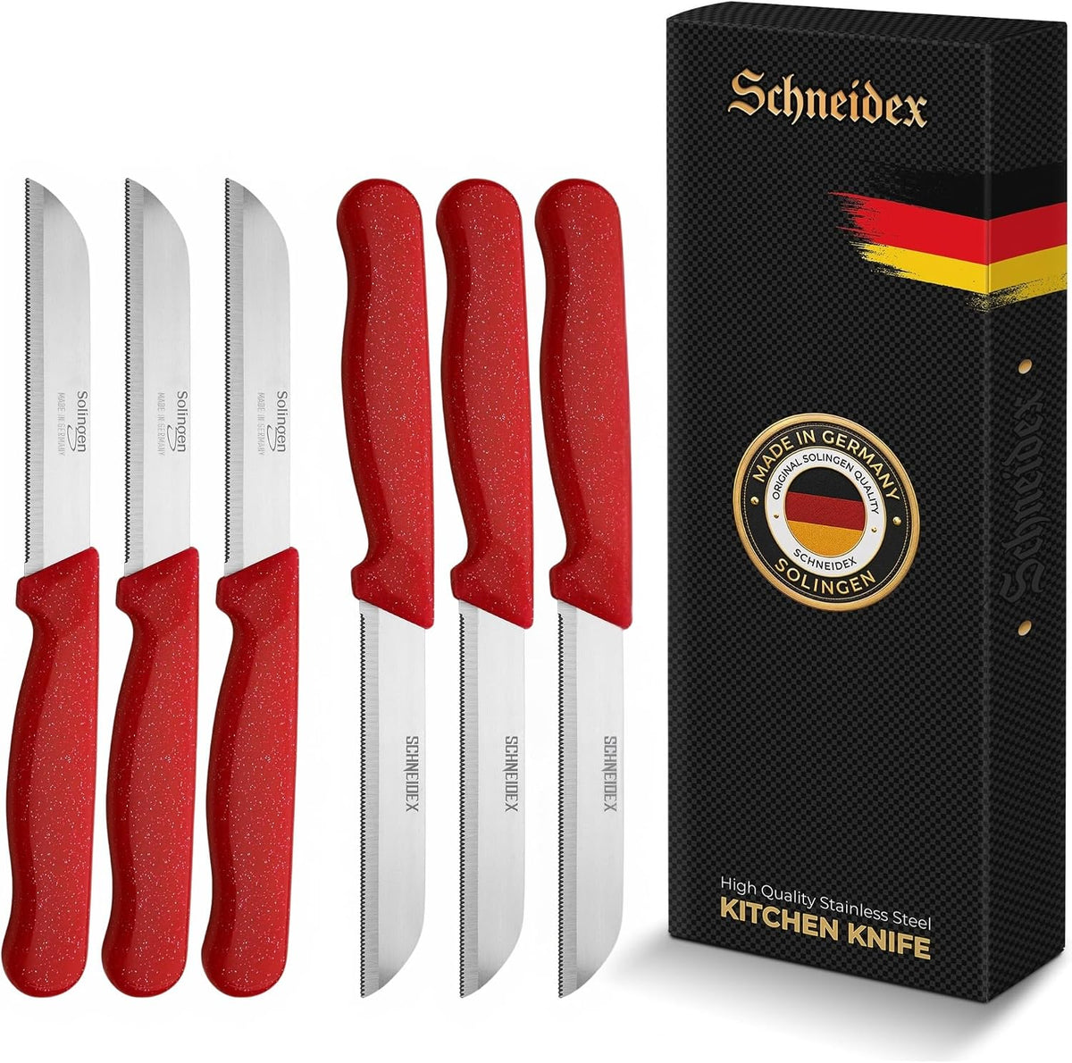 Serrated Paring Knife - Set of 6 Pcs German Solingen Small Knife Set Small Kitchen Paring Fruit Vegetable Tomato Knives Stainless Steel Cutting & Peeling, Black
