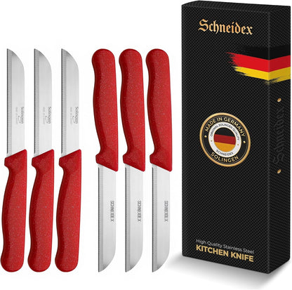 Serrated Paring Knife - Set of 6 Pcs German Solingen Small Knife Set Small Kitchen Paring Fruit Vegetable Tomato Knives Stainless Steel Cutting & Peeling, Black