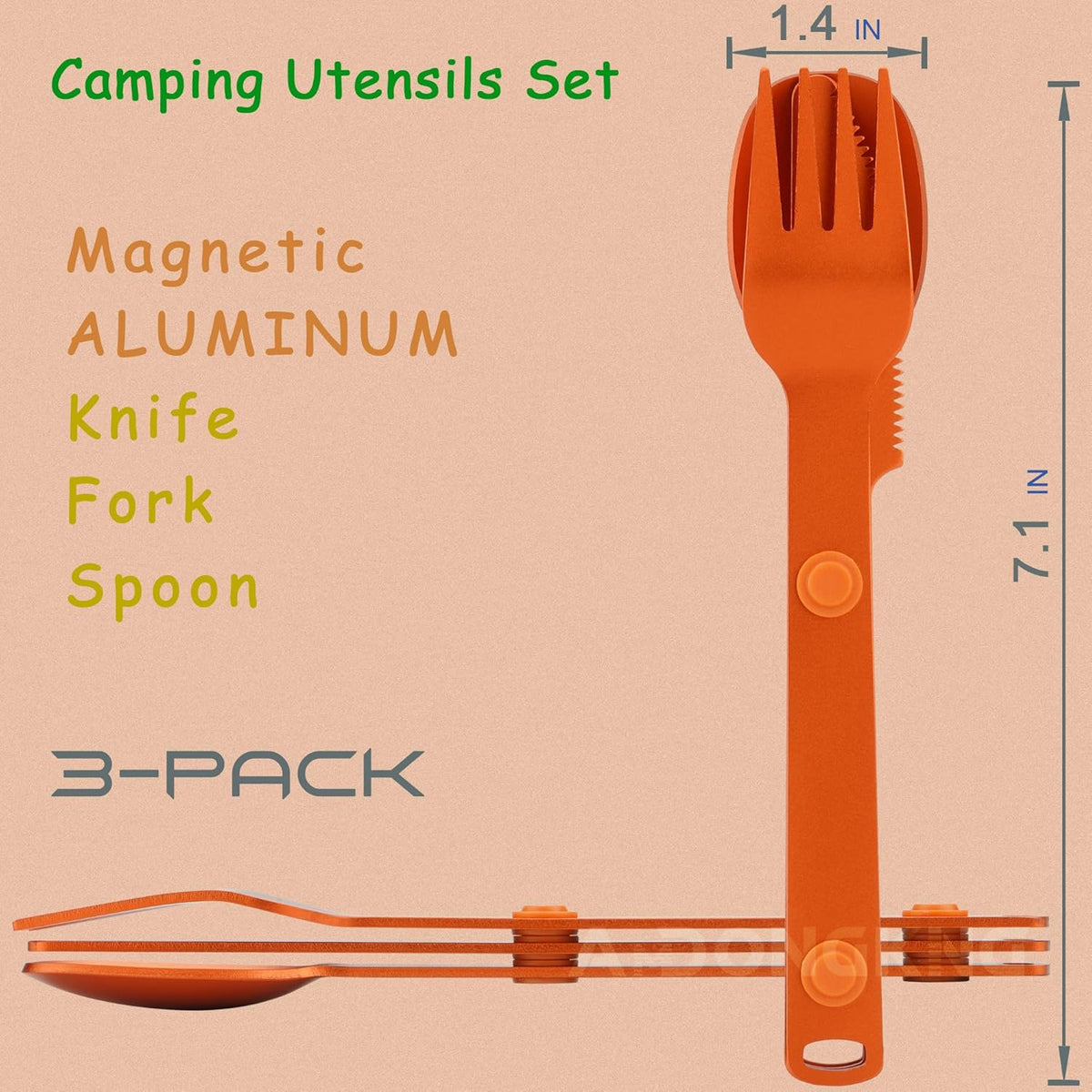 Magnetic Camping Cutlery Set, Knife Fork Spoon, 3-Pack, Orange | Aluminum Travel Flatware, Lightweight, Space Saving, Portable Travel Flatware, Easy Clean