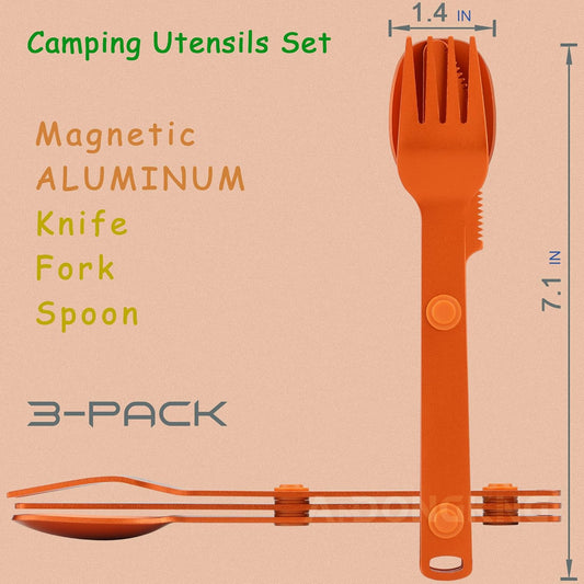Magnetic Camping Cutlery Set, Knife Fork Spoon, 3-Pack, Orange | Aluminum Travel Flatware, Lightweight, Space Saving, Portable Travel Flatware, Easy Clean