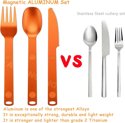 Magnetic Camping Cutlery Set, Knife Fork Spoon, 3-Pack, Orange | Aluminum Travel Flatware, Lightweight, Space Saving, Portable Travel Flatware, Easy Clean
