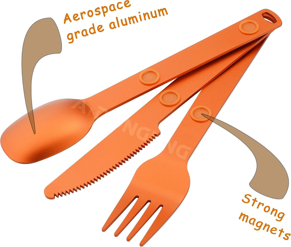 Magnetic Camping Cutlery Set, Knife Fork Spoon, 3-Pack, Orange | Aluminum Travel Flatware, Lightweight, Space Saving, Portable Travel Flatware, Easy Clean
