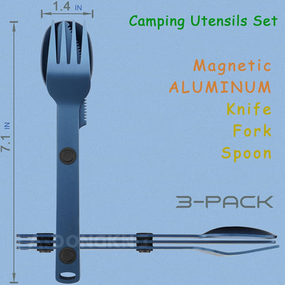Magnetic Camping Cutlery Set, Knife Fork Spoon, 3-Pack, Orange | Aluminum Travel Flatware, Lightweight, Space Saving, Portable Travel Flatware, Easy Clean