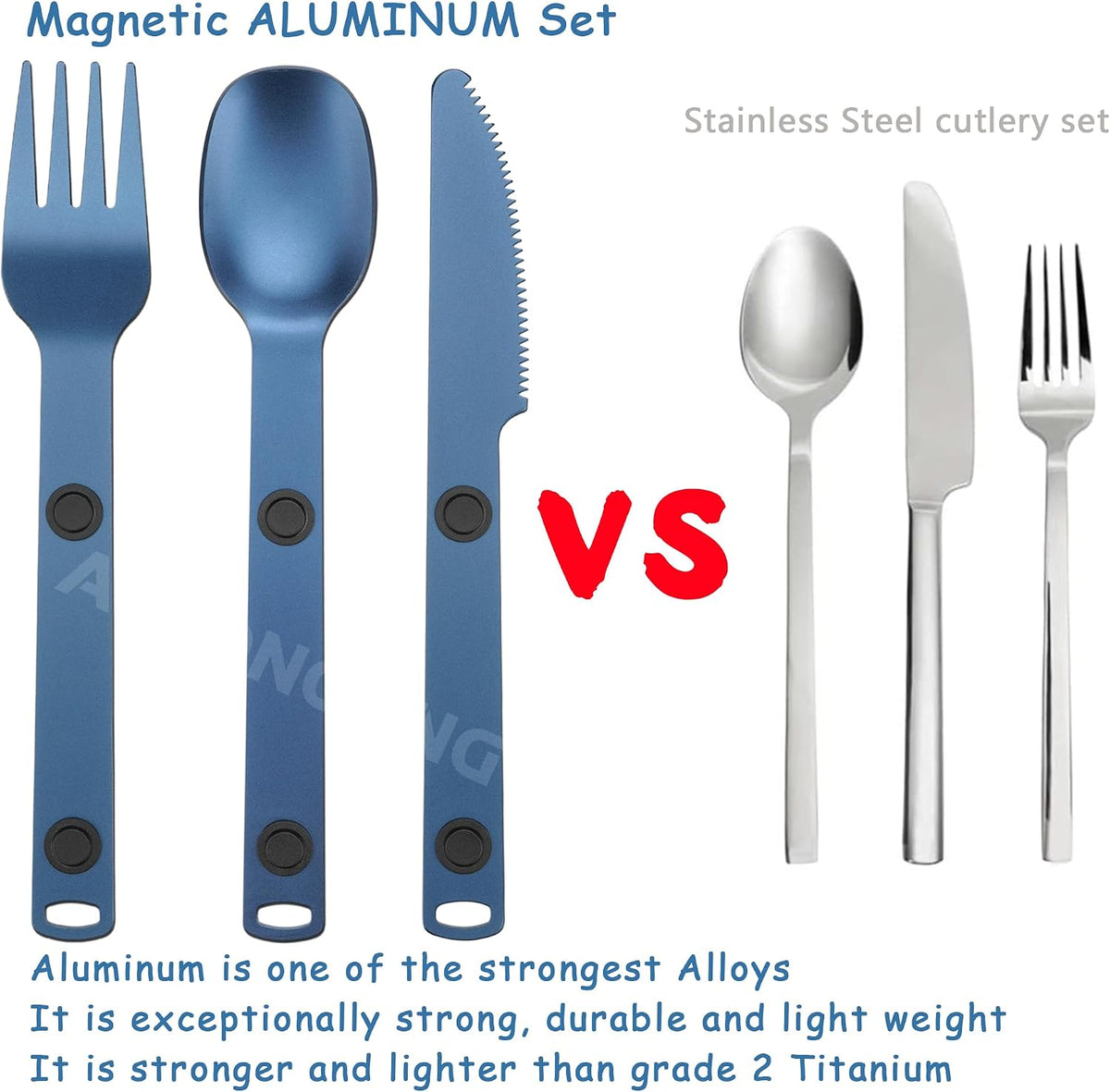 Magnetic Camping Cutlery Set, Knife Fork Spoon, 3-Pack, Orange | Aluminum Travel Flatware, Lightweight, Space Saving, Portable Travel Flatware, Easy Clean
