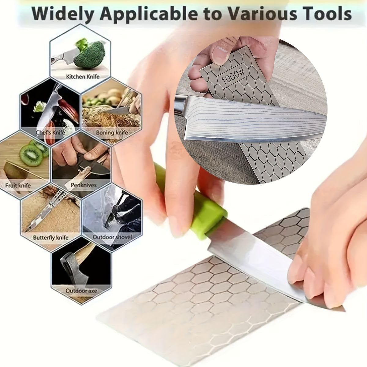 Diamond Sharpening Stone, Knife Sharpener Stone Whetstone Honeycomb Surface Plate with Non-slip Base for Pocket Knives Scissors (320/400/600/1000/1500/2000/3000 Grit，with Angle Guide and Leather)