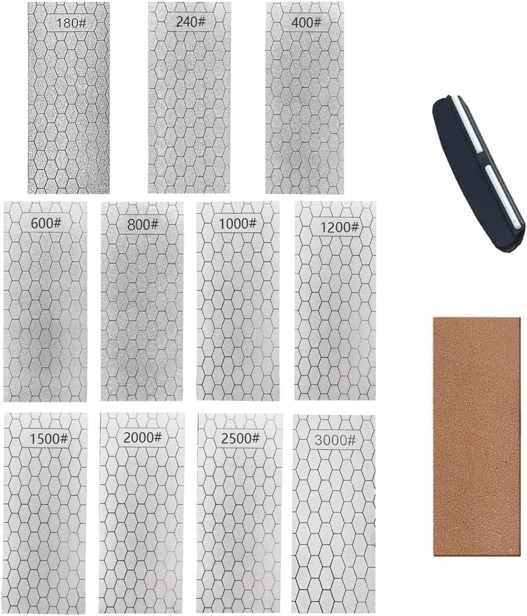 Diamond Sharpening Stone, Knife Sharpener Stone Whetstone Honeycomb Surface Plate with Non-slip Base for Pocket Knives Scissors (320/400/600/1000/1500/2000/3000 Grit，with Angle Guide and Leather)