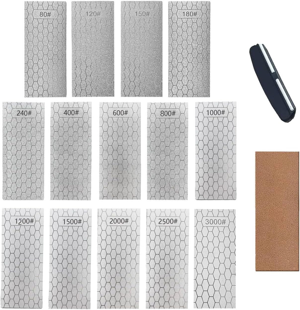 Diamond Sharpening Stone, Knife Sharpener Stone Whetstone Honeycomb Surface Plate with Non-slip Base for Pocket Knives Scissors (320/400/600/1000/1500/2000/3000 Grit，with Angle Guide and Leather)