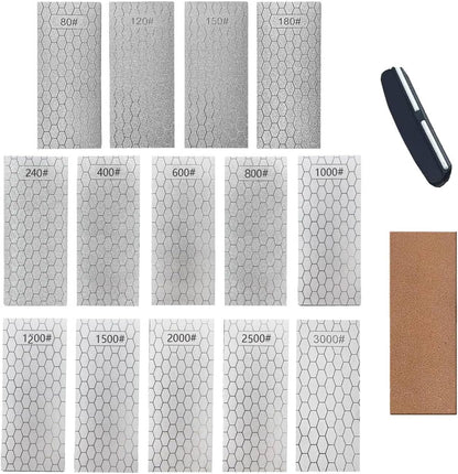 Diamond Sharpening Stone, Knife Sharpener Stone Whetstone Honeycomb Surface Plate with Non-slip Base for Pocket Knives Scissors (320/400/600/1000/1500/2000/3000 Grit，with Angle Guide and Leather)