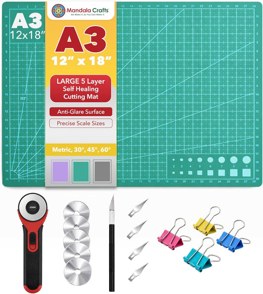 Self-Healing Green 12" x 18" A3 Cutting Mat Kit for Sewing | Fabric Cutter, Quilt Ruler & Craft Knife, Double-Sided, Large 5-Ply Rotary Cutting Board, for Quilting, Leather, Crafting