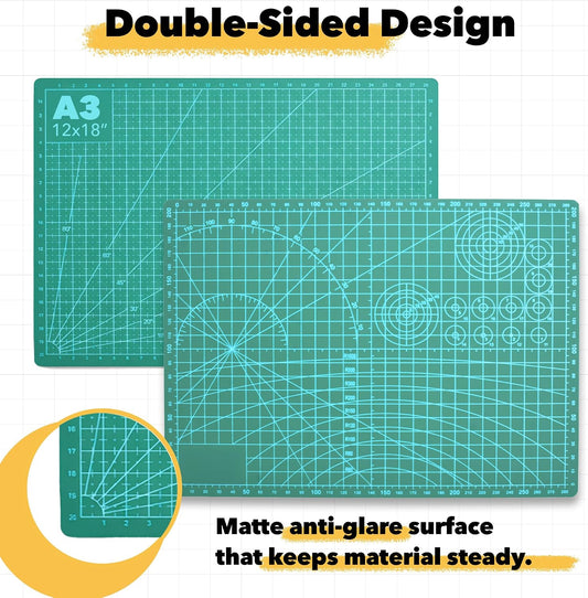 Self-Healing Green 12" x 18" A3 Cutting Mat Kit for Sewing | Fabric Cutter, Quilt Ruler & Craft Knife, Double-Sided, Large 5-Ply Rotary Cutting Board, for Quilting, Leather, Crafting