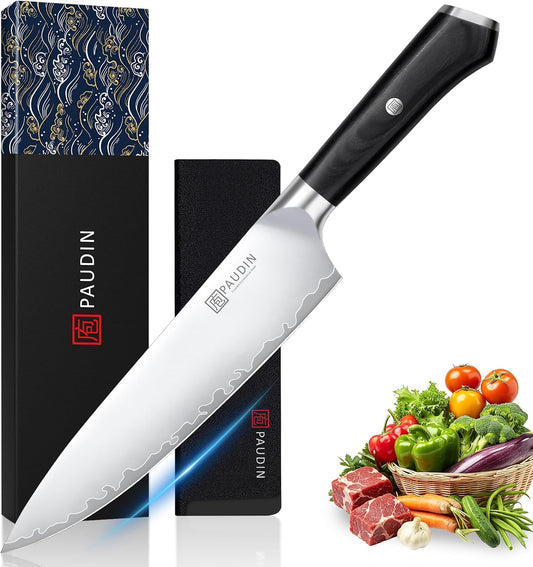 Chef Knife 8 Inch, Ultra Sharp Kitchen Knives 62 HRC, Multi-Layer Damascus Steel Professional Chefs Knife with Full Tang Ergonomic Wood Handle, Meat Vegetable Slicing Knives, Gift for Men Women