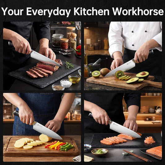Chef Knife 8 Inch, Ultra Sharp Kitchen Knives 62 HRC, Multi-Layer Damascus Steel Professional Chefs Knife with Full Tang Ergonomic Wood Handle, Meat Vegetable Slicing Knives, Gift for Men Women