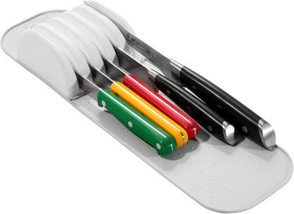 Classic In Drawer Knife Drawer Organizer, 5 Knives | non slip feet, rounded corners, secure blade slots, countertop block alternative, woman owned