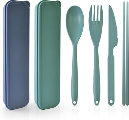 2 Sets Large Reusable Utensils Set with Case, Portable Cutlery Sets | Plastic, Blue and Green, Chopsticks Fork Spoon Knife Set with Lunch Box, For Camping Travel Daily Lunch Use Picnic Outdoor
