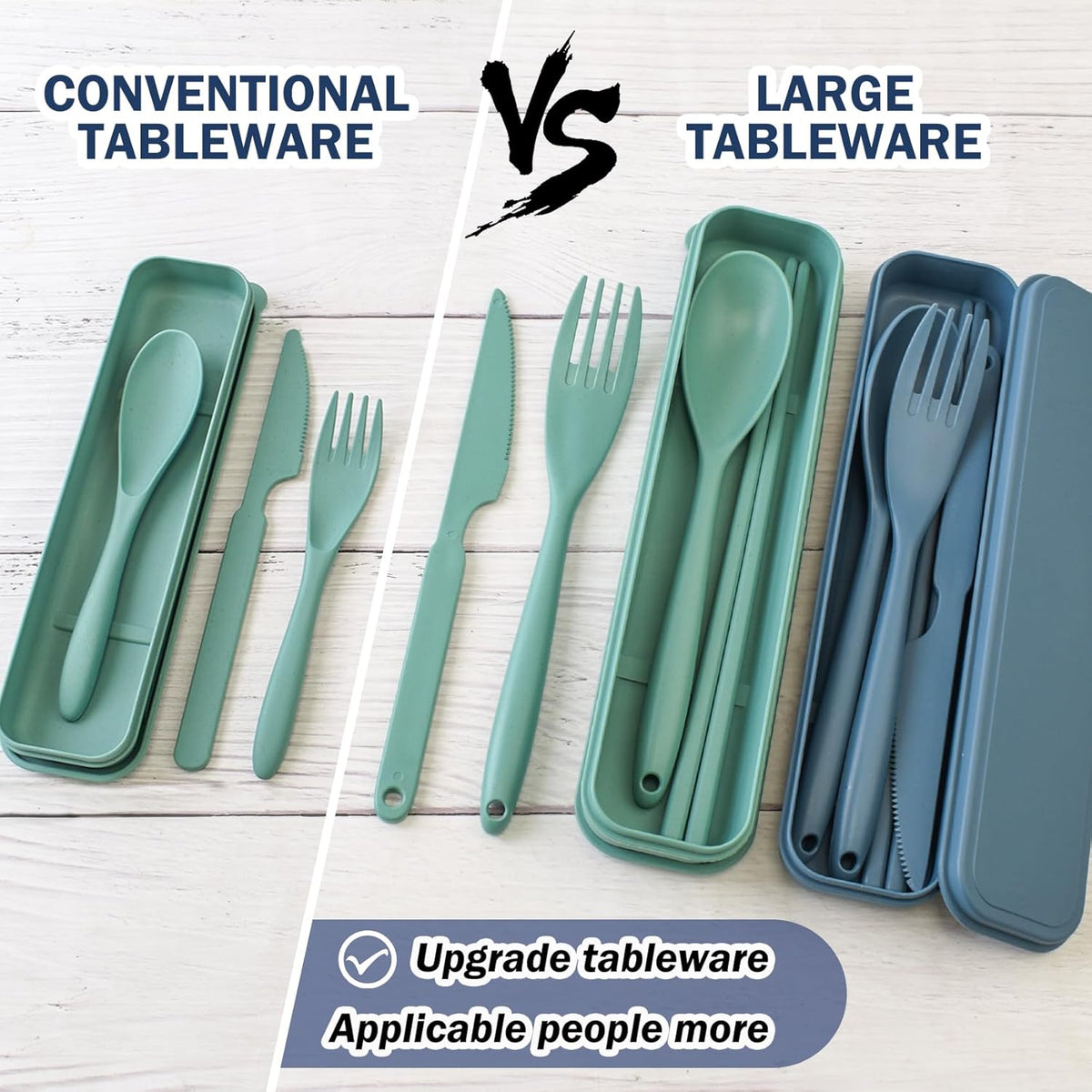 2 Sets Large Reusable Utensils Set with Case, Portable Cutlery Sets | Plastic, Blue and Green, Chopsticks Fork Spoon Knife Set with Lunch Box, For Camping Travel Daily Lunch Use Picnic Outdoor
