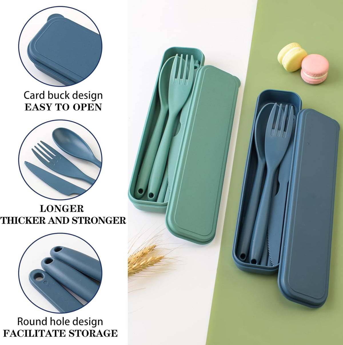 2 Sets Large Reusable Utensils Set with Case, Portable Cutlery Sets | Plastic, Blue and Green, Chopsticks Fork Spoon Knife Set with Lunch Box, For Camping Travel Daily Lunch Use Picnic Outdoor