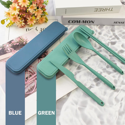 2 Sets Large Reusable Utensils Set with Case, Portable Cutlery Sets | Plastic, Blue and Green, Chopsticks Fork Spoon Knife Set with Lunch Box, For Camping Travel Daily Lunch Use Picnic Outdoor